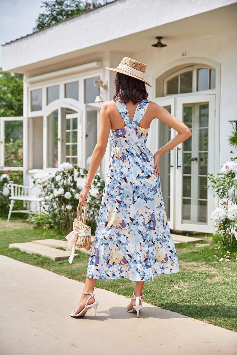 imageGRACE KARIN Womens Summer Floral Dresses 2026 Boho Maxi Dress Flowy Halter Sundress Casual Vacation Beach Clothes with PocketFloral White Blue