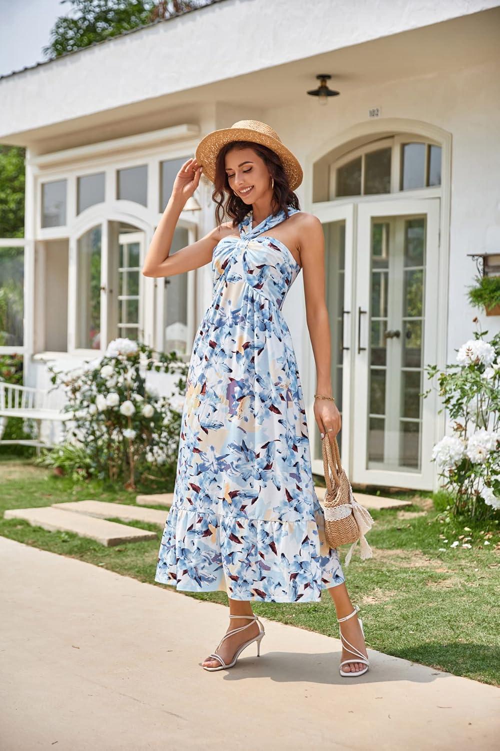 imageGRACE KARIN Womens Summer Floral Dresses 2026 Boho Maxi Dress Flowy Halter Sundress Casual Vacation Beach Clothes with PocketFloral White Blue