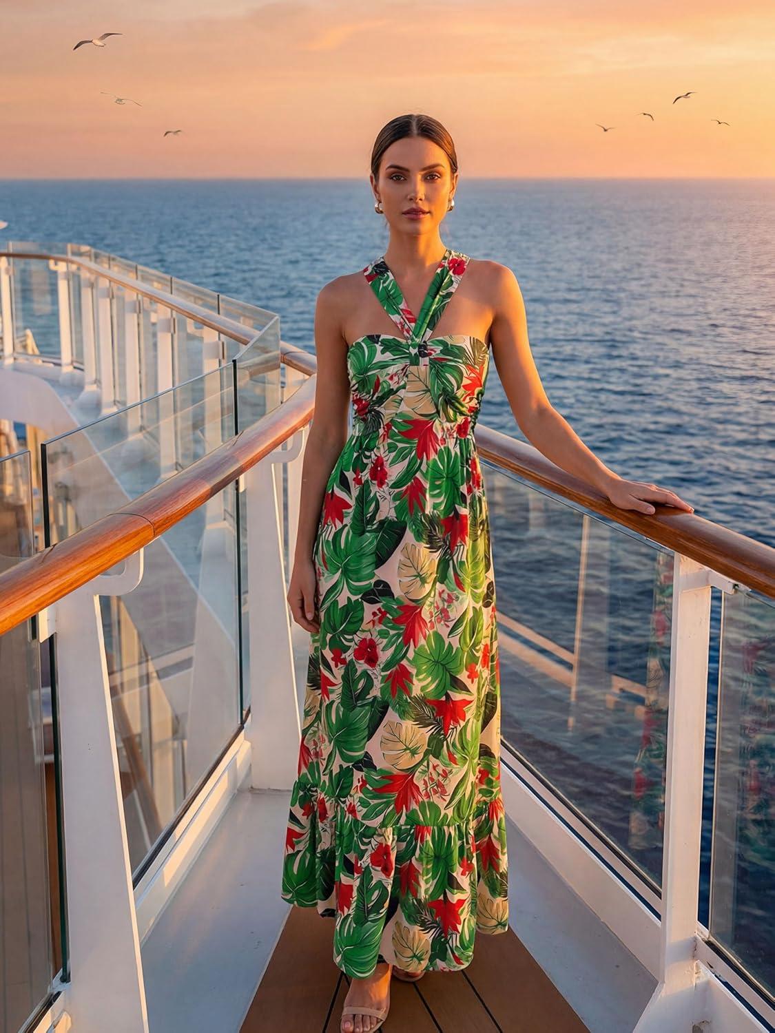 imageGRACE KARIN Womens Summer Floral Dresses 2026 Boho Maxi Dress Flowy Halter Sundress Casual Vacation Beach Clothes with PocketGreen Red Floral