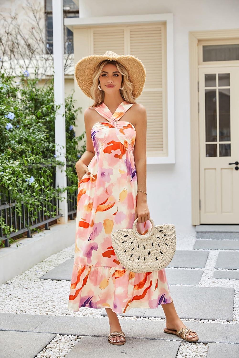imageGRACE KARIN Womens Summer Floral Dresses 2026 Boho Maxi Dress Flowy Halter Sundress Casual Vacation Beach Clothes with PocketLilac Calpyso