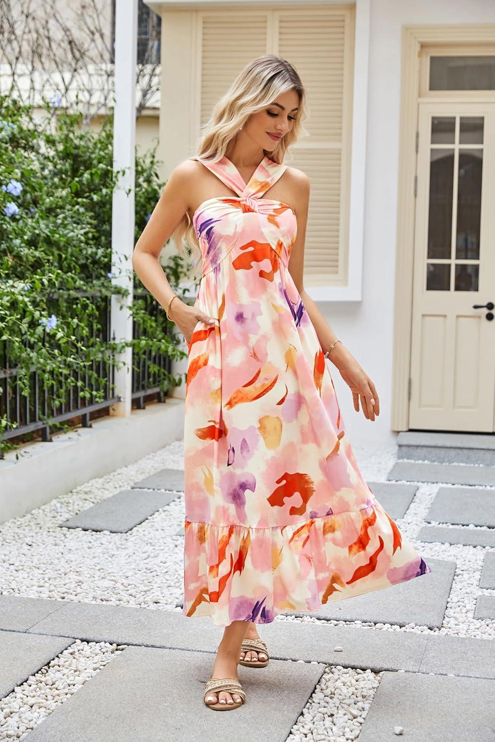 imageGRACE KARIN Womens Summer Floral Dresses 2026 Boho Maxi Dress Flowy Halter Sundress Casual Vacation Beach Clothes with PocketLilac Calpyso