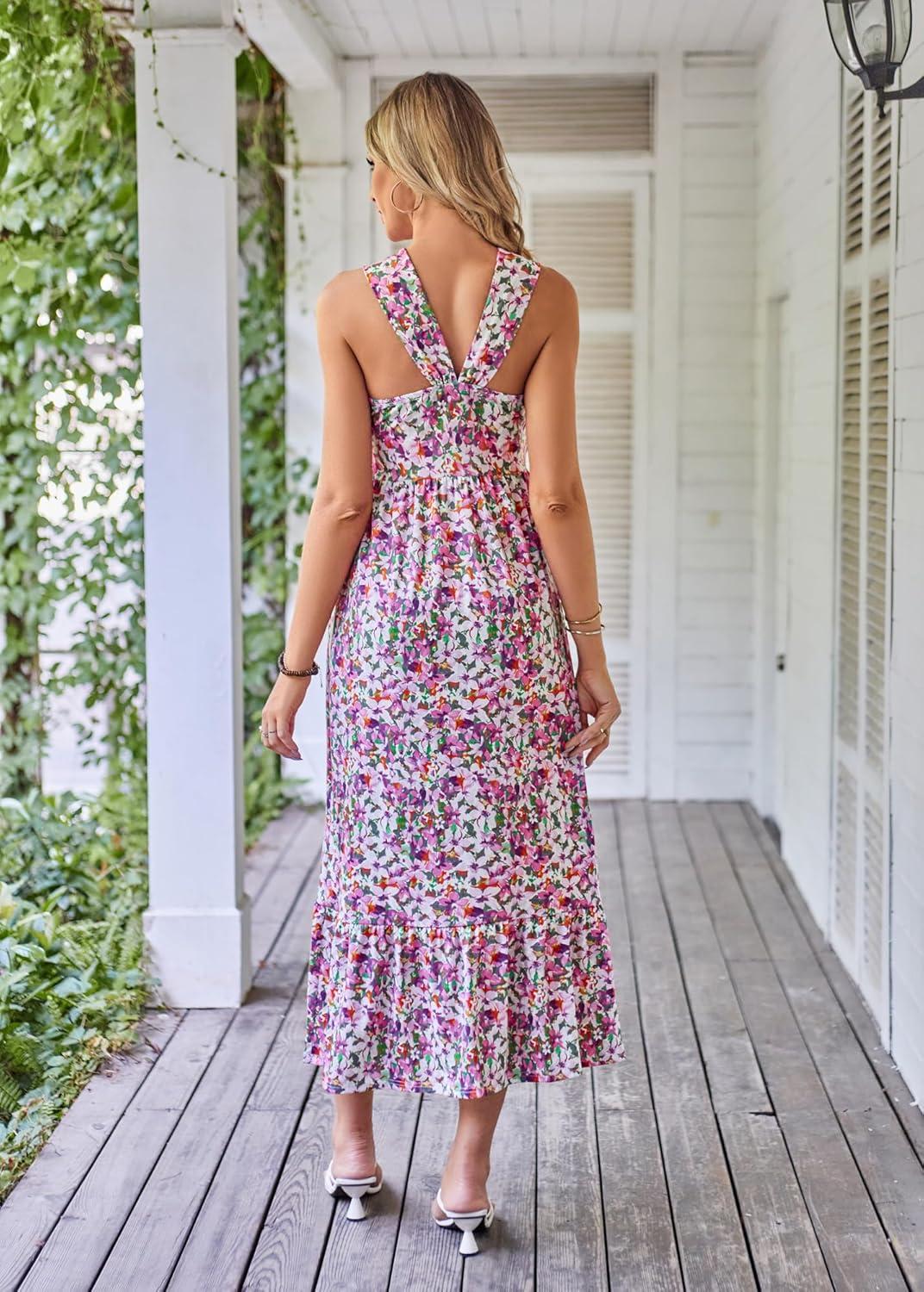 imageGRACE KARIN Womens Summer Floral Dresses 2026 Boho Maxi Dress Flowy Halter Sundress Casual Vacation Beach Clothes with PocketPurple