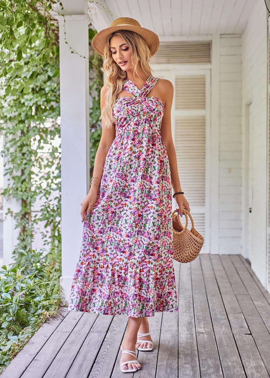 imageGRACE KARIN Womens Summer Floral Dresses 2026 Boho Maxi Dress Flowy Halter Sundress Casual Vacation Beach Clothes with PocketPurple