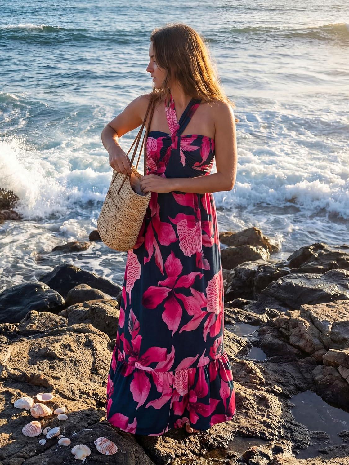 imageGRACE KARIN Womens Summer Floral Dresses 2026 Boho Maxi Dress Flowy Halter Sundress Casual Vacation Beach Clothes with PocketRose Red Flowers