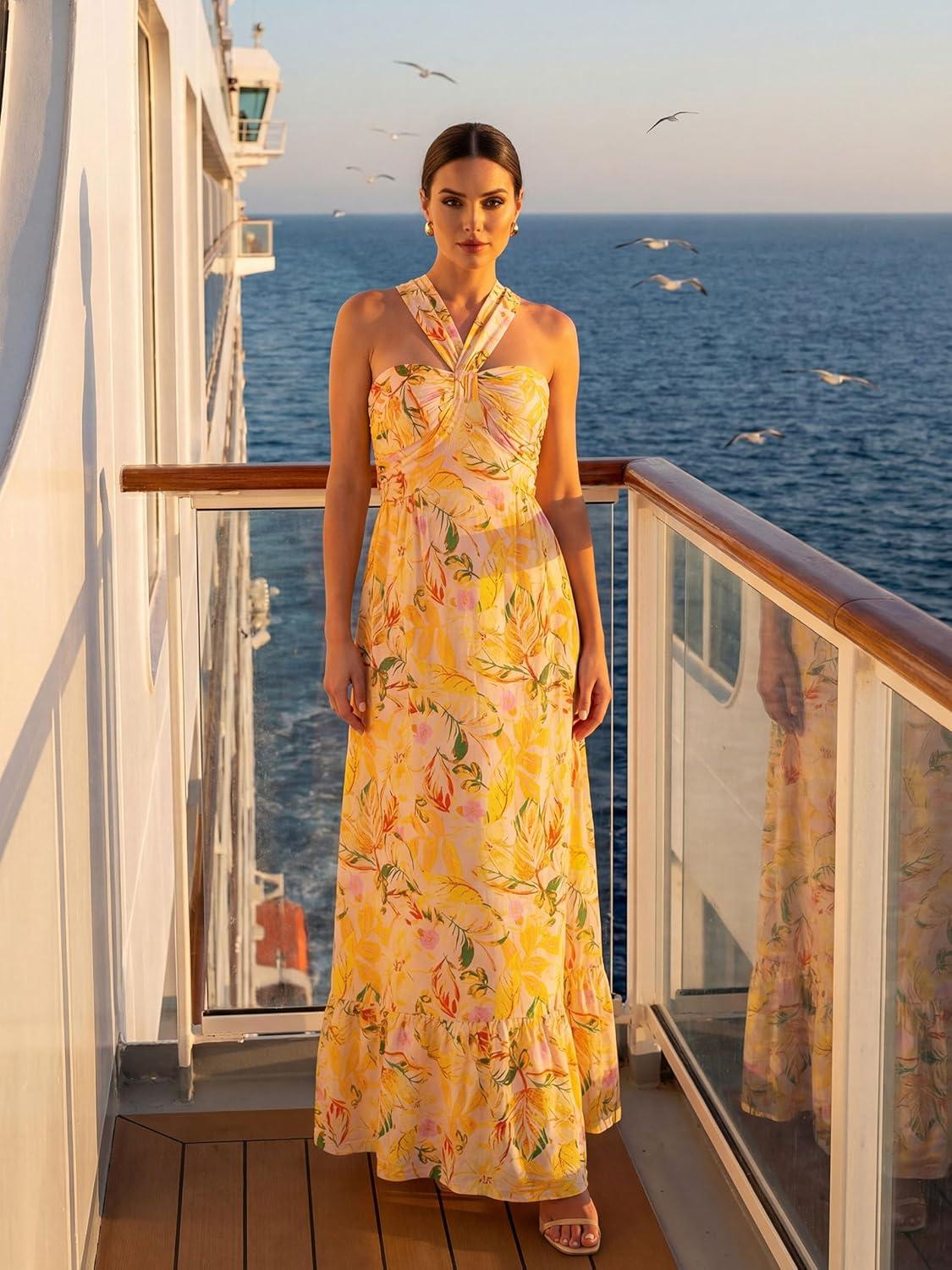 imageGRACE KARIN Womens Summer Floral Dresses 2026 Boho Maxi Dress Flowy Halter Sundress Casual Vacation Beach Clothes with PocketYellow Floral