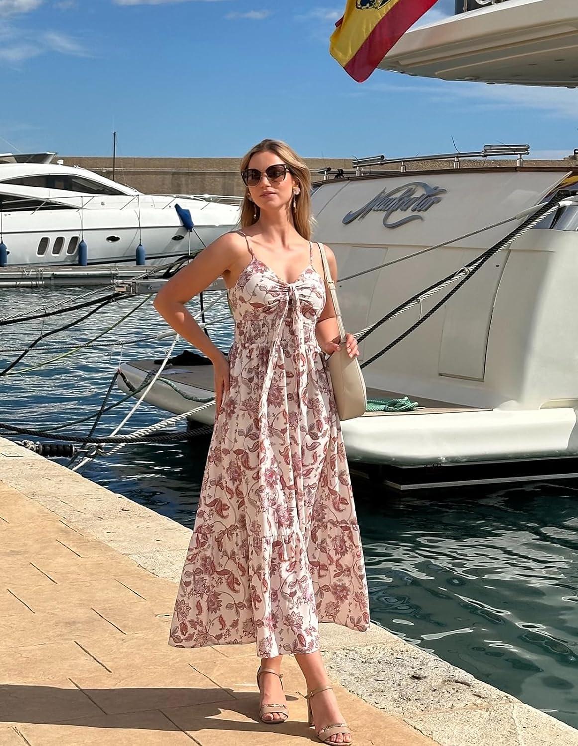 imageGRACE KARIN Womens Summer Floral Maxi Dresses 2026 Long Flowy Boho Dress Beach Vacation Sundresses Casual Clothes with PocketBeige Boho Flowers