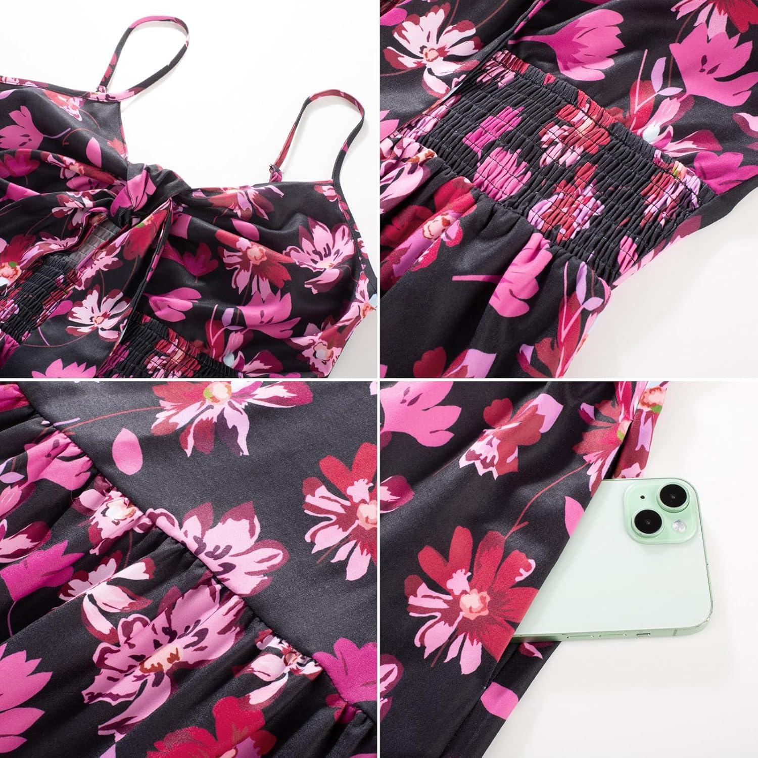 imageGRACE KARIN Womens Summer Floral Maxi Dresses 2026 Long Flowy Boho Dress Beach Vacation Sundresses Casual Clothes with PocketBlack Pink Floral