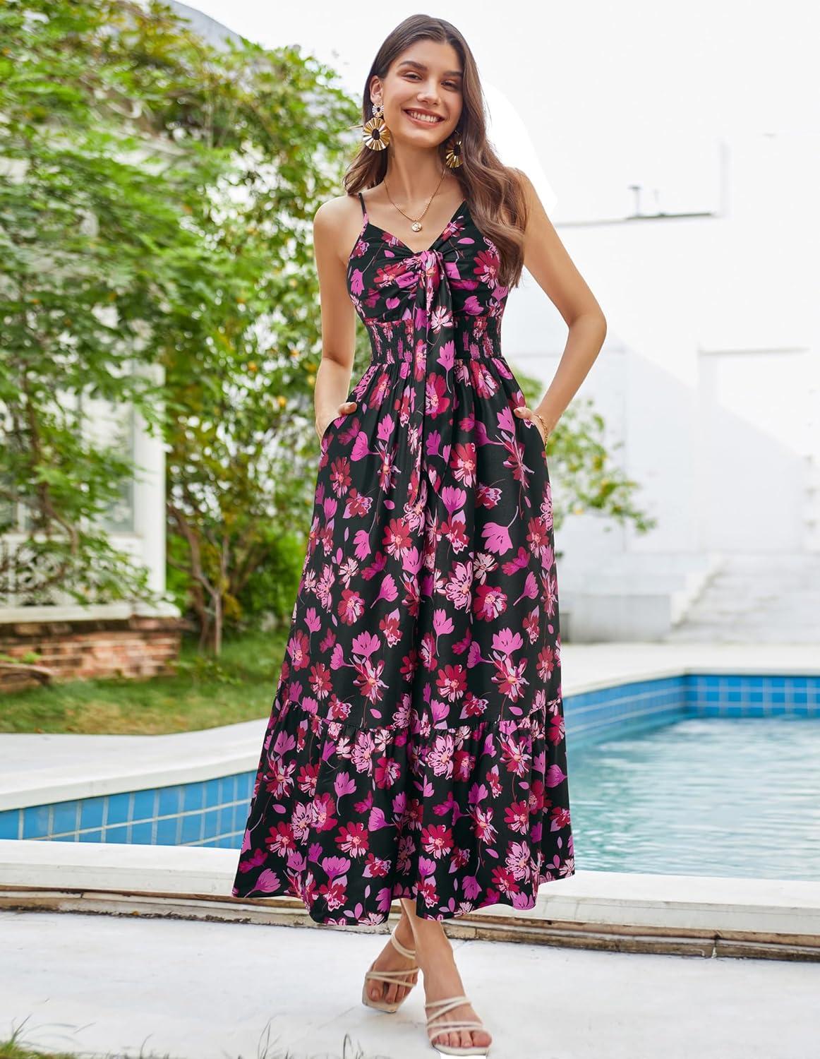 imageGRACE KARIN Womens Summer Floral Maxi Dresses 2026 Long Flowy Boho Dress Beach Vacation Sundresses Casual Clothes with PocketBlack Pink Floral