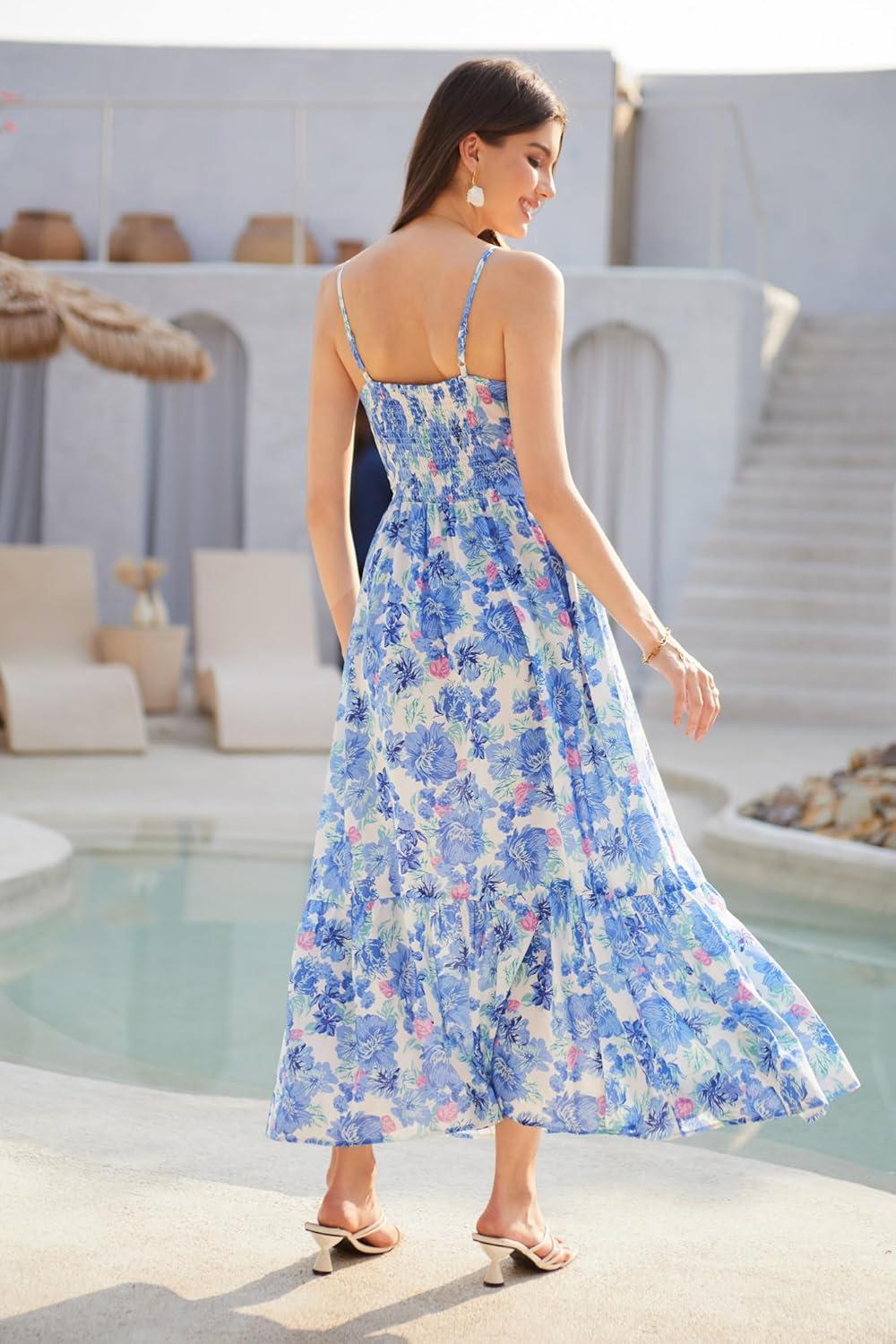 imageGRACE KARIN Womens Summer Floral Maxi Dresses 2026 Long Flowy Boho Dress Beach Vacation Sundresses Casual Clothes with PocketBlue Floral