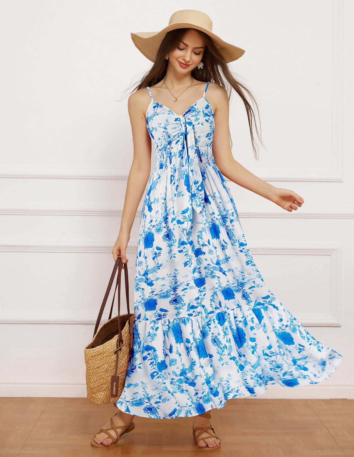 imageGRACE KARIN Womens Summer Floral Maxi Dresses 2026 Long Flowy Boho Dress Beach Vacation Sundresses Casual Clothes with PocketBlue Flowers