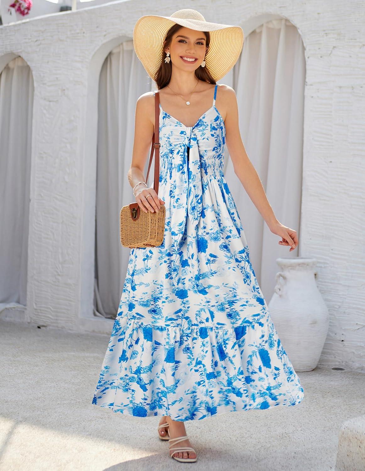 imageGRACE KARIN Womens Summer Floral Maxi Dresses 2026 Long Flowy Boho Dress Beach Vacation Sundresses Casual Clothes with PocketBlue Flowers