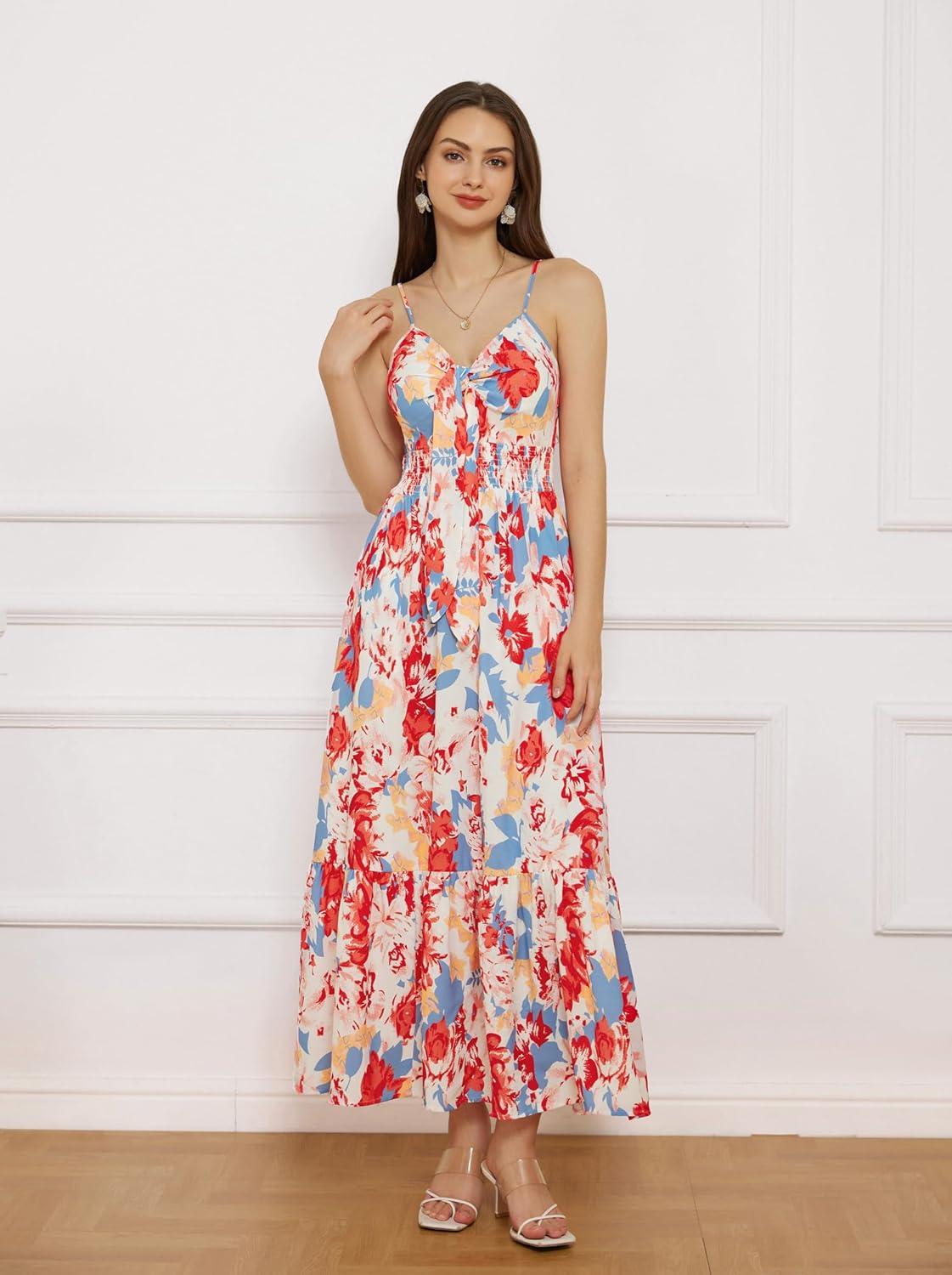 imageGRACE KARIN Womens Summer Floral Maxi Dresses 2026 Long Flowy Boho Dress Beach Vacation Sundresses Casual Clothes with PocketBlue Red Floral