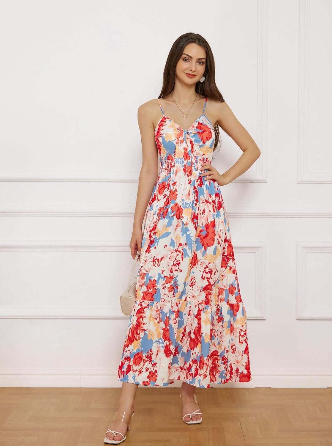 imageGRACE KARIN Womens Summer Floral Maxi Dresses 2026 Long Flowy Boho Dress Beach Vacation Sundresses Casual Clothes with PocketBlue Red Floral