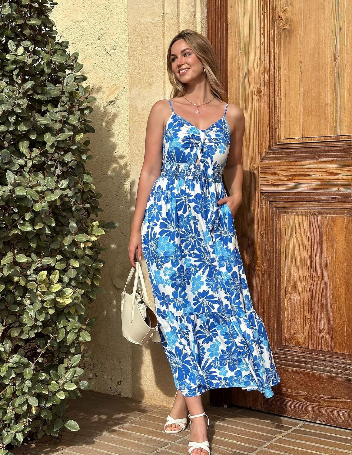 imageGRACE KARIN Womens Summer Floral Maxi Dresses 2026 Long Flowy Boho Dress Beach Vacation Sundresses Casual Clothes with PocketBlue White Flowers