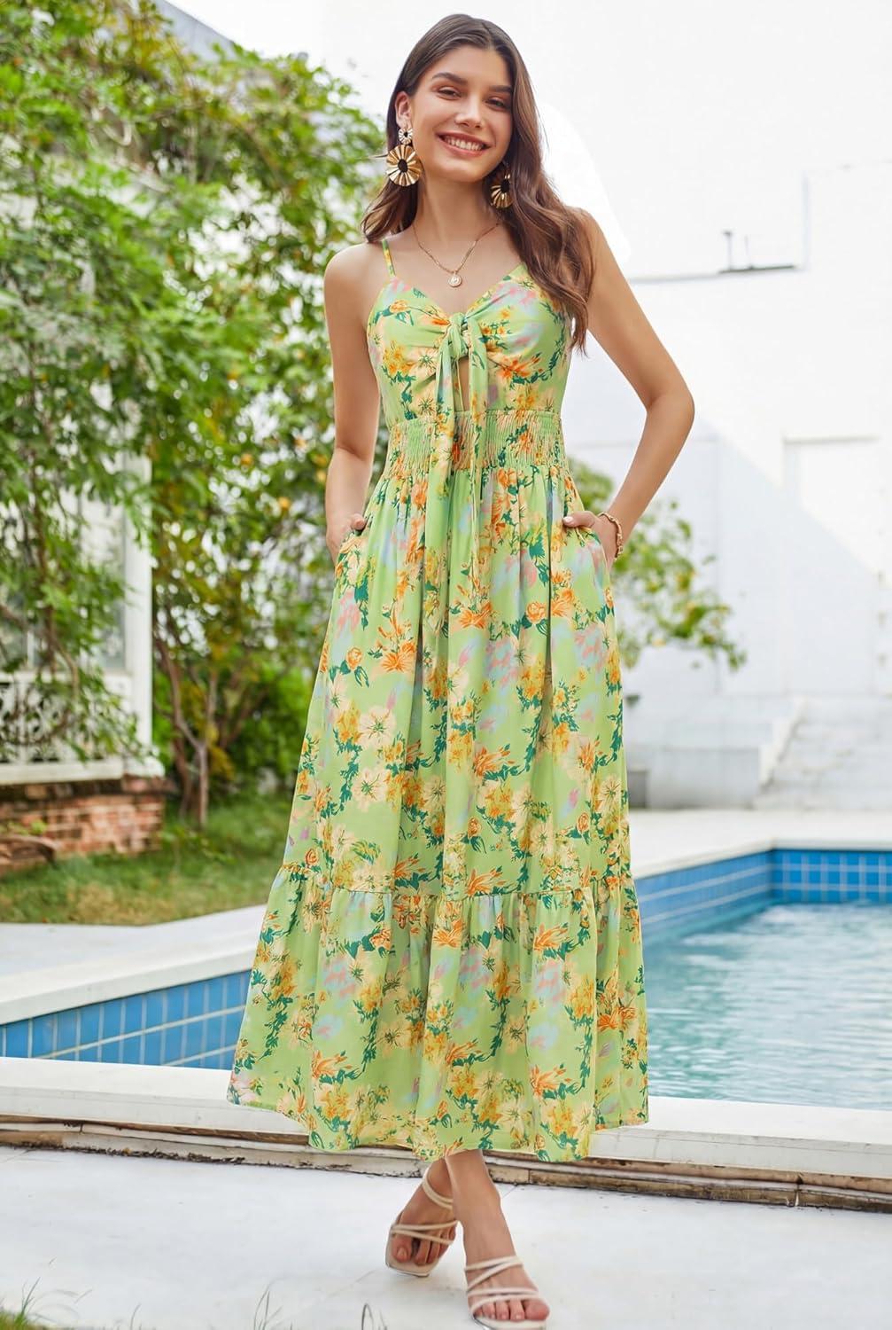 imageGRACE KARIN Womens Summer Floral Maxi Dresses 2026 Long Flowy Boho Dress Beach Vacation Sundresses Casual Clothes with PocketGreen Floral Print