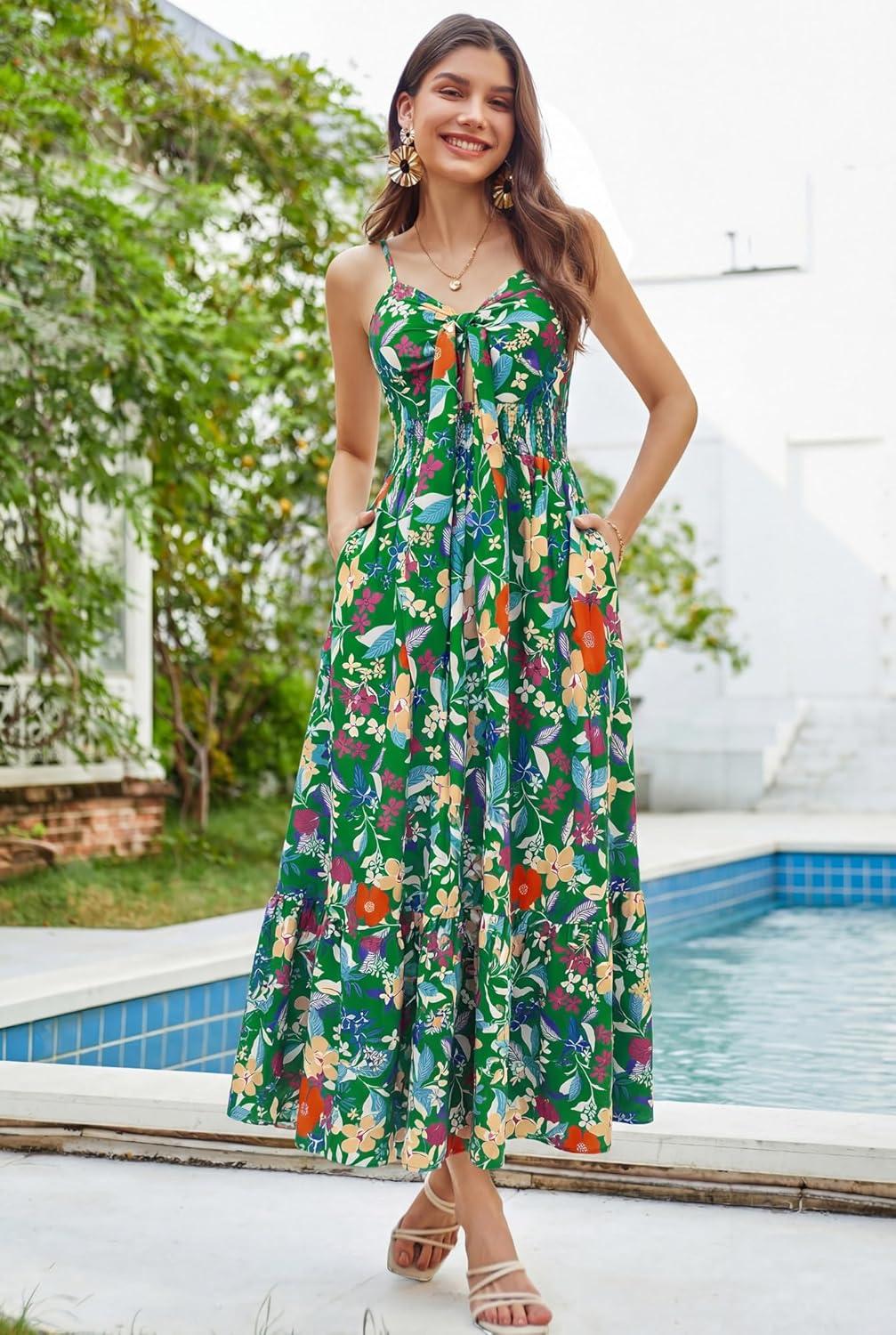 imageGRACE KARIN Womens Summer Floral Maxi Dresses 2026 Long Flowy Boho Dress Beach Vacation Sundresses Casual Clothes with PocketGreen Red Flower