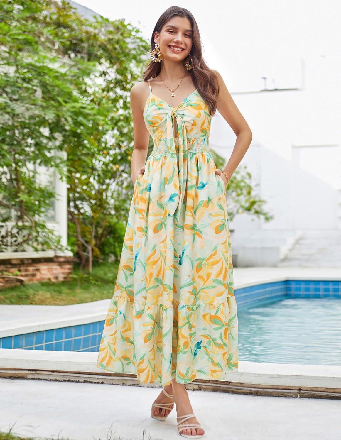 imageGRACE KARIN Womens Summer Floral Maxi Dresses 2026 Long Flowy Boho Dress Beach Vacation Sundresses Casual Clothes with PocketGreen Yellow Flower