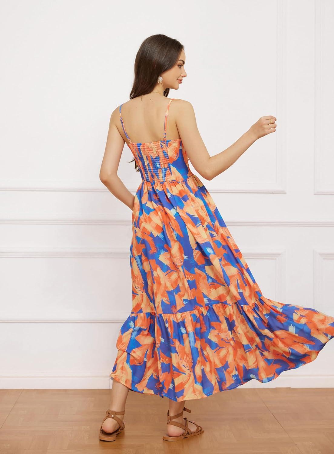 imageGRACE KARIN Womens Summer Floral Maxi Dresses 2026 Long Flowy Boho Dress Beach Vacation Sundresses Casual Clothes with PocketOrange Blue Floral