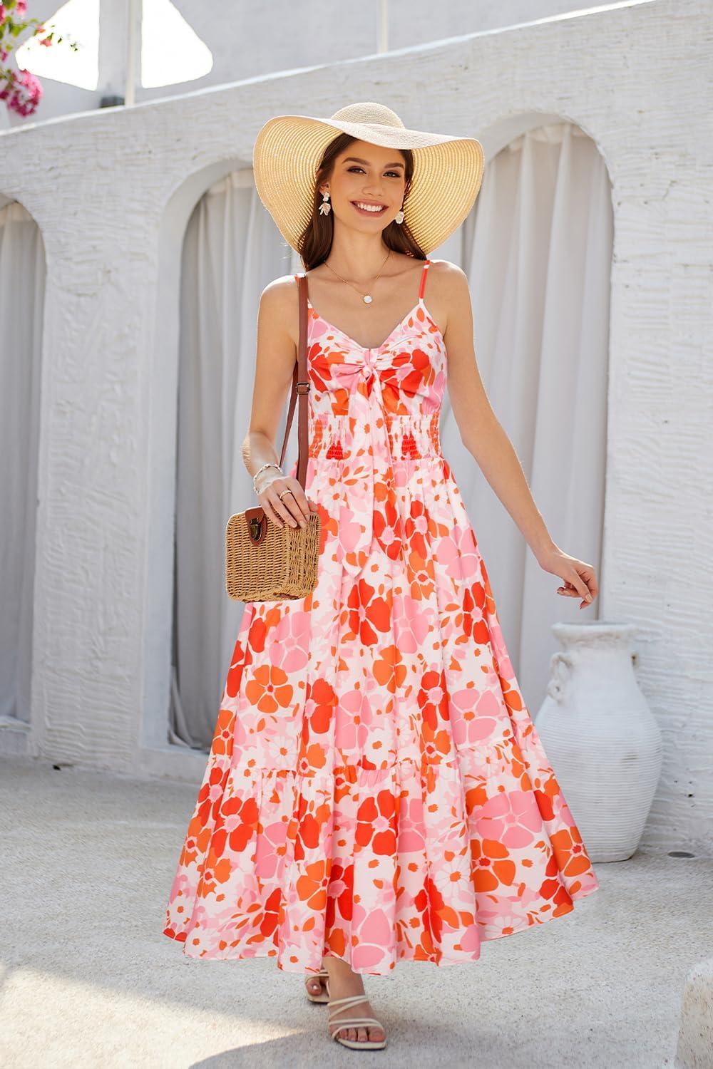 imageGRACE KARIN Womens Summer Floral Maxi Dresses 2026 Long Flowy Boho Dress Beach Vacation Sundresses Casual Clothes with PocketOrange Pink Floral