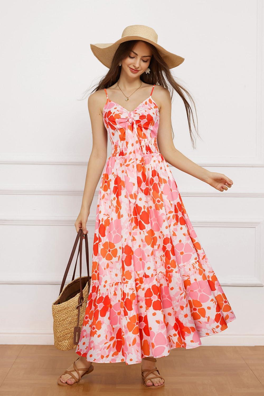 imageGRACE KARIN Womens Summer Floral Maxi Dresses 2026 Long Flowy Boho Dress Beach Vacation Sundresses Casual Clothes with PocketOrange Pink Floral