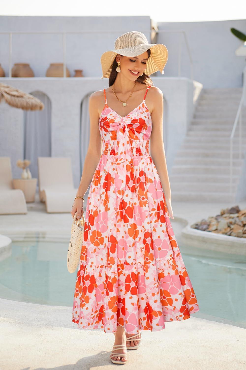 imageGRACE KARIN Womens Summer Floral Maxi Dresses 2026 Long Flowy Boho Dress Beach Vacation Sundresses Casual Clothes with PocketOrange Pink Floral