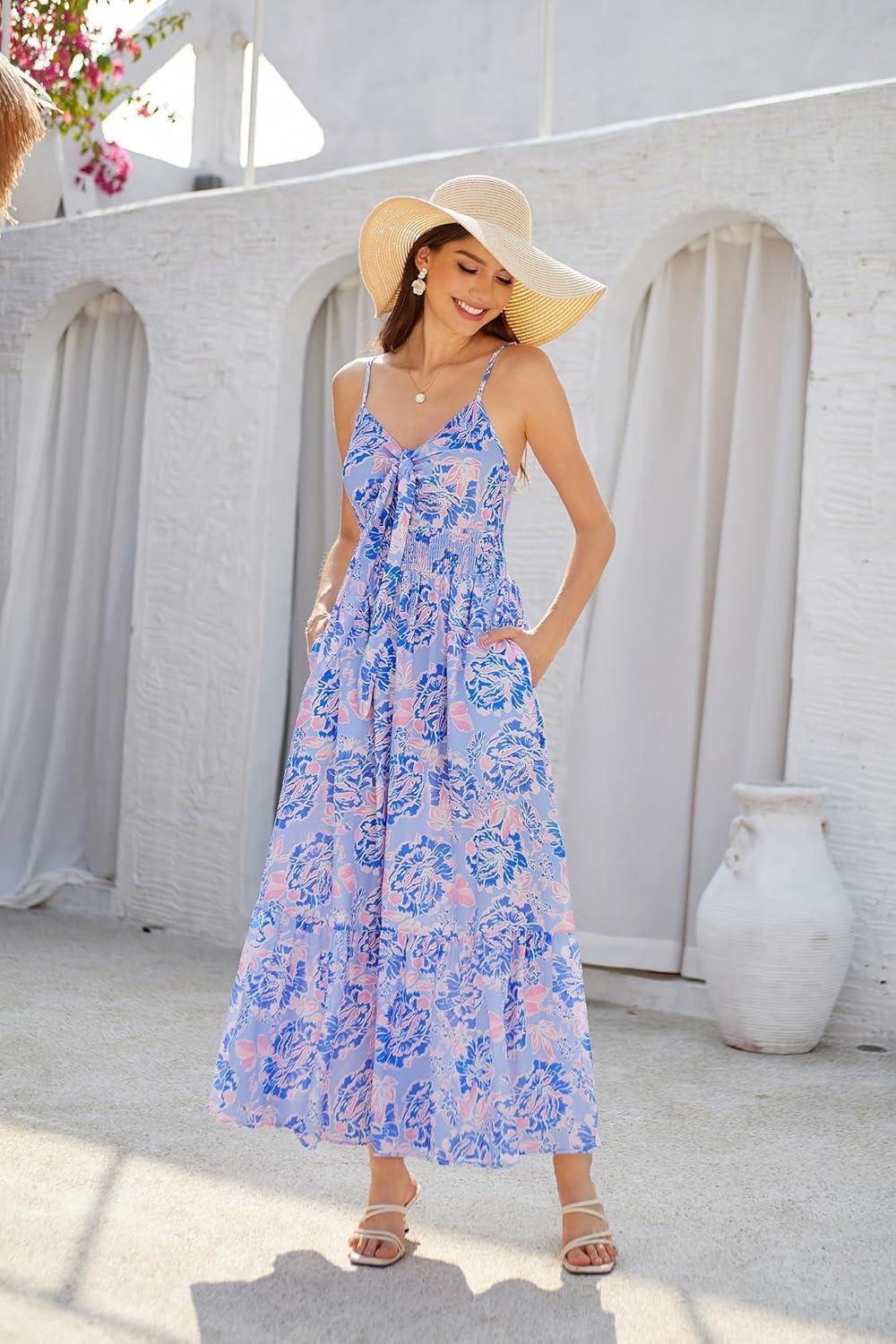 imageGRACE KARIN Womens Summer Floral Maxi Dresses 2026 Long Flowy Boho Dress Beach Vacation Sundresses Casual Clothes with PocketPurple Floral