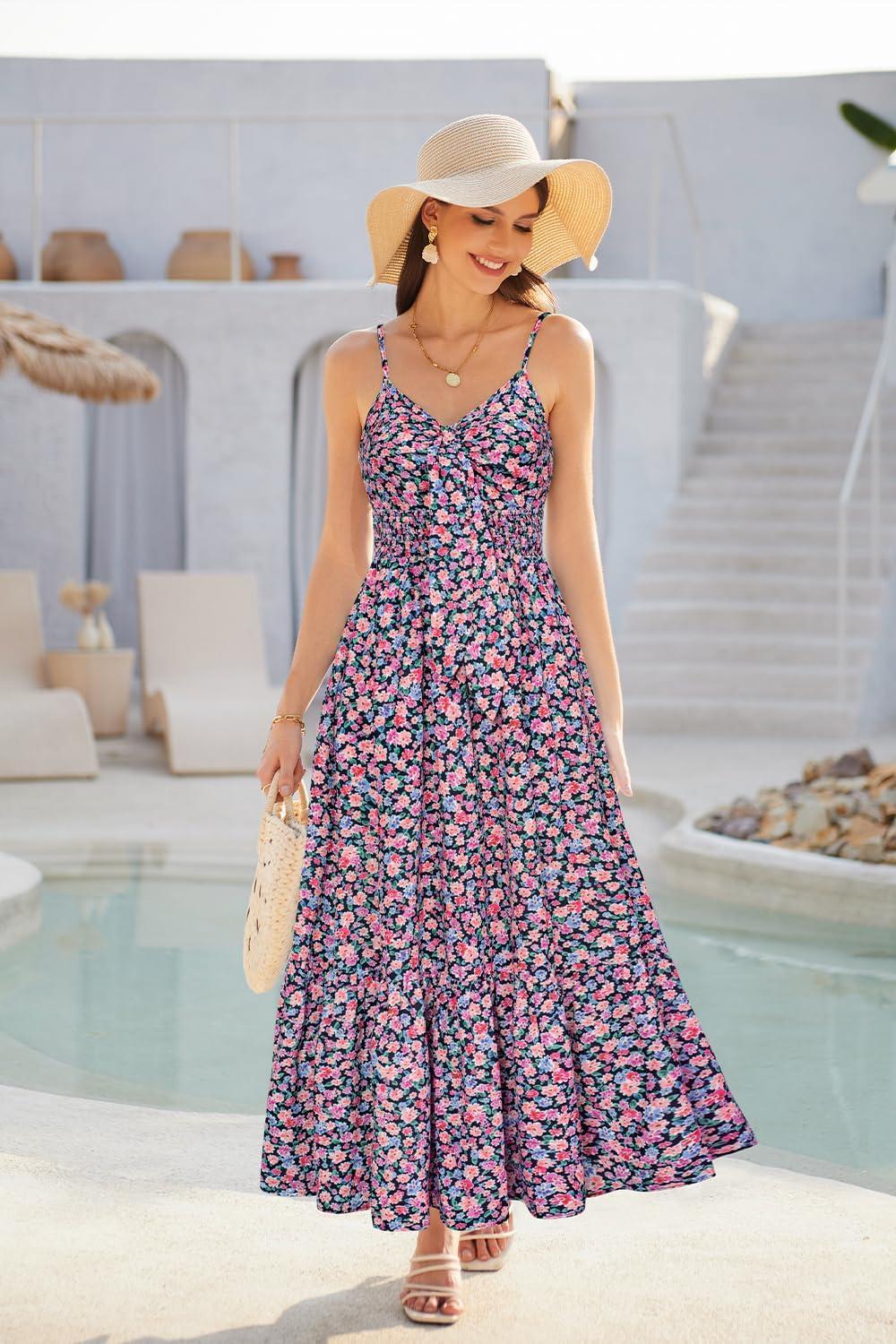 imageGRACE KARIN Womens Summer Floral Maxi Dresses 2026 Long Flowy Boho Dress Beach Vacation Sundresses Casual Clothes with PocketPurple Pink Floral