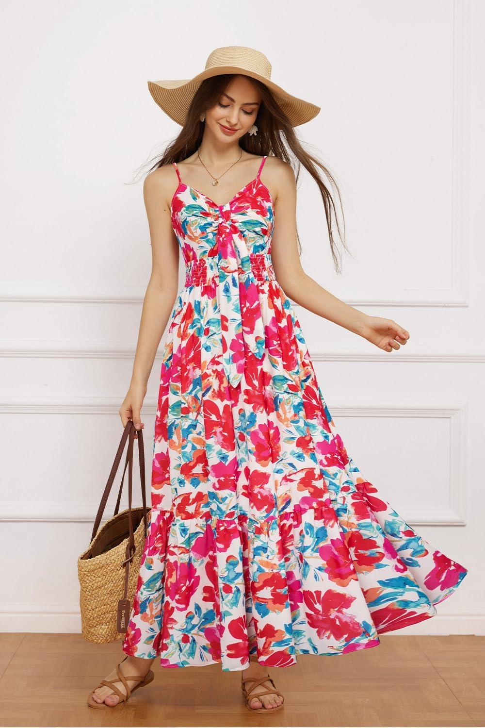 imageGRACE KARIN Womens Summer Floral Maxi Dresses 2026 Long Flowy Boho Dress Beach Vacation Sundresses Casual Clothes with PocketRed Blue Floral