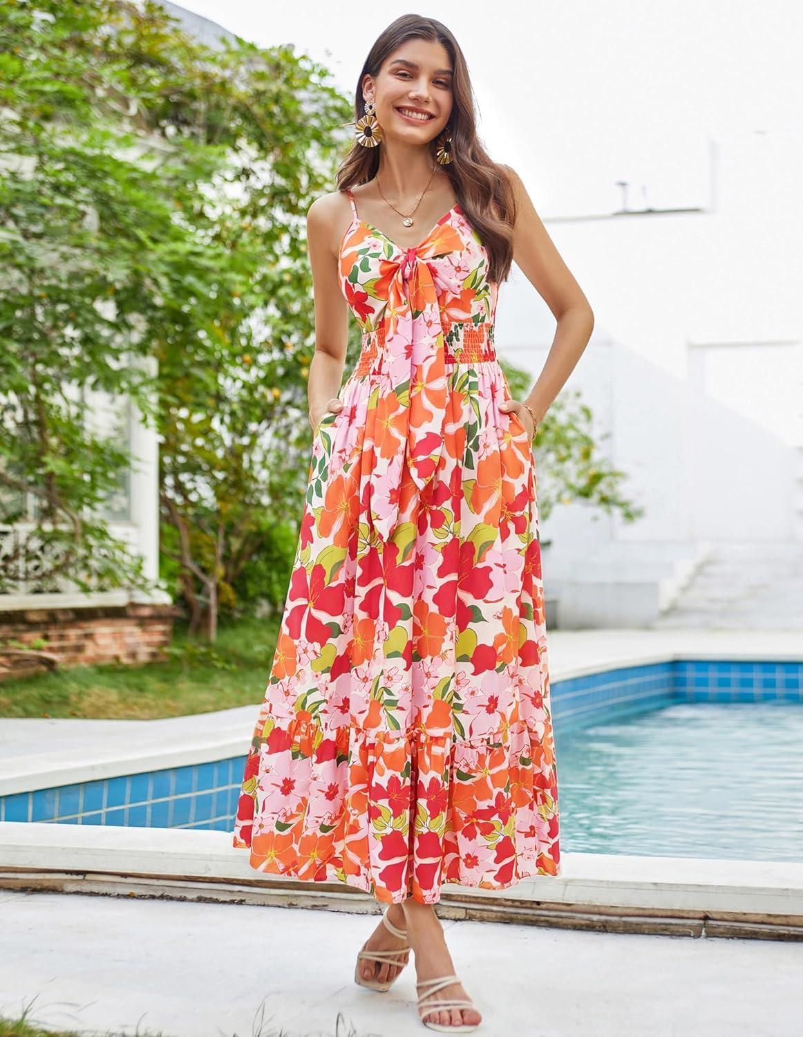 imageGRACE KARIN Womens Summer Floral Maxi Dresses 2026 Long Flowy Boho Dress Beach Vacation Sundresses Casual Clothes with PocketRed Pink Flower