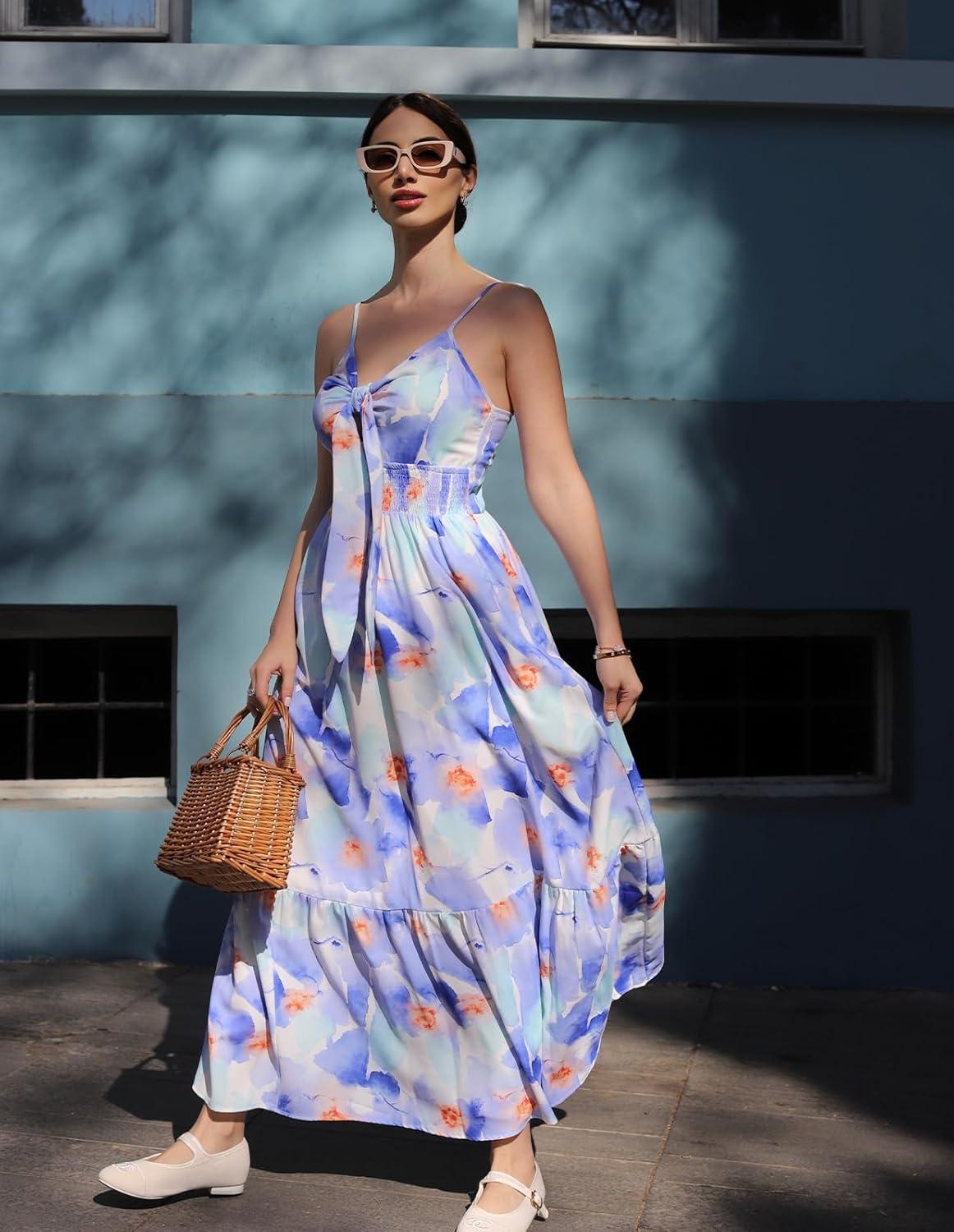 imageGRACE KARIN Womens Summer Floral Maxi Dresses 2026 Long Flowy Boho Dress Beach Vacation Sundresses Casual Clothes with PocketWhite Blue Flowers