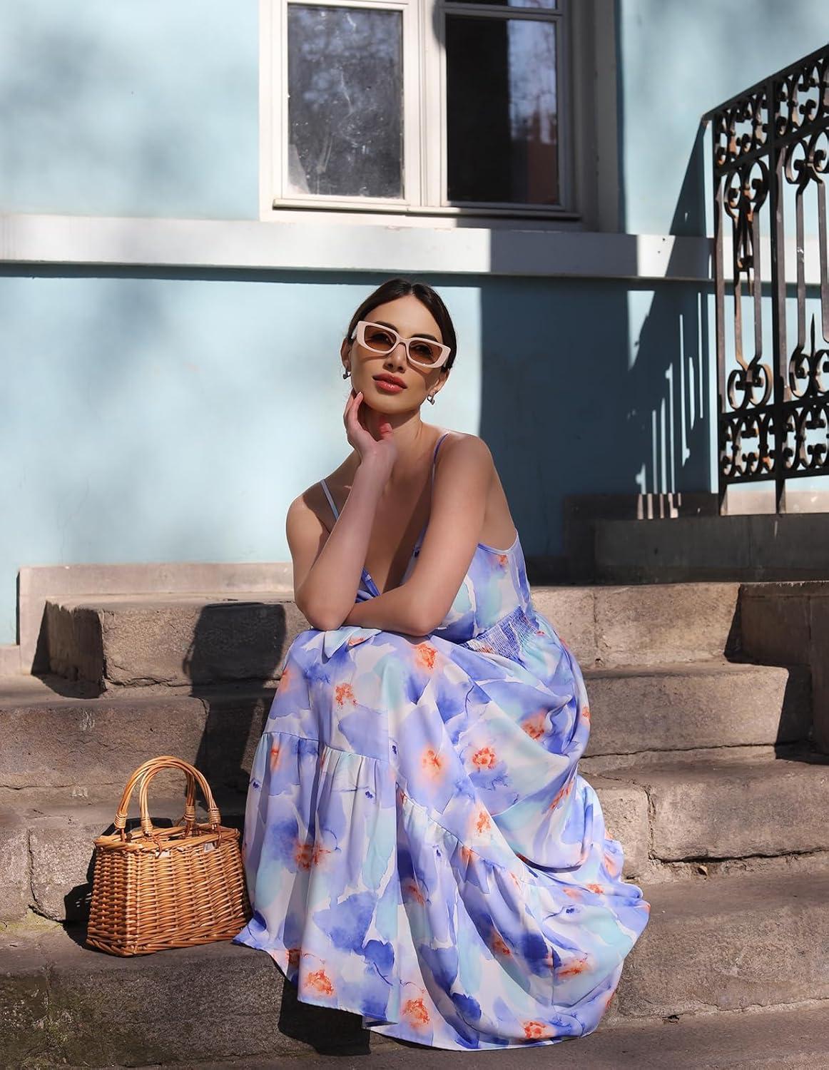 imageGRACE KARIN Womens Summer Floral Maxi Dresses 2026 Long Flowy Boho Dress Beach Vacation Sundresses Casual Clothes with PocketWhite Blue Flowers