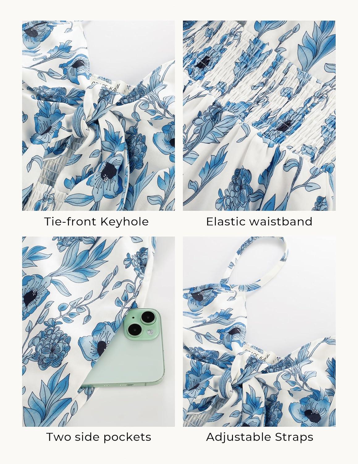 imageGRACE KARIN Womens Summer Floral Maxi Dresses 2026 Long Flowy Boho Dress Beach Vacation Sundresses Casual Clothes with PocketWhite Blue Vine