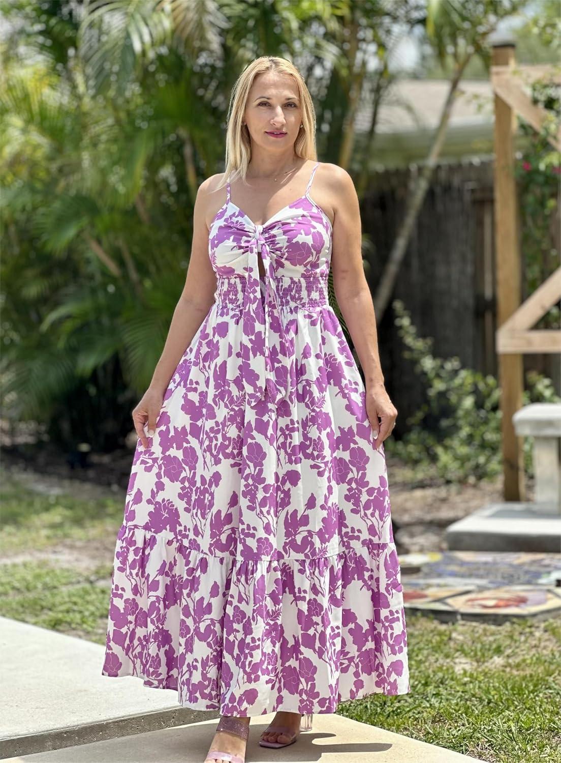 imageGRACE KARIN Womens Summer Floral Maxi Dresses 2026 Long Flowy Boho Dress Beach Vacation Sundresses Casual Clothes with PocketWhite Purple Floral