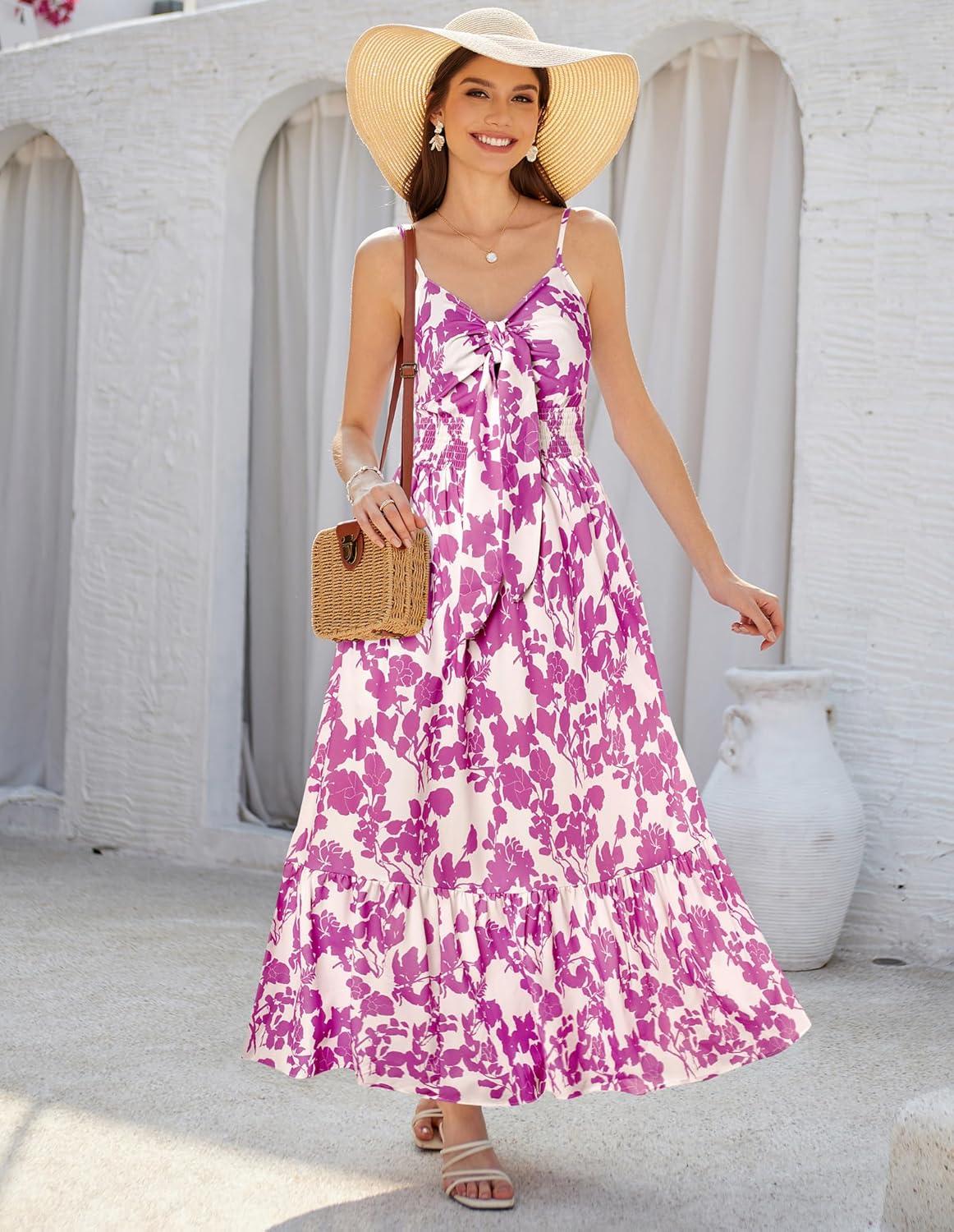 imageGRACE KARIN Womens Summer Floral Maxi Dresses 2026 Long Flowy Boho Dress Beach Vacation Sundresses Casual Clothes with PocketWhite Purple Floral