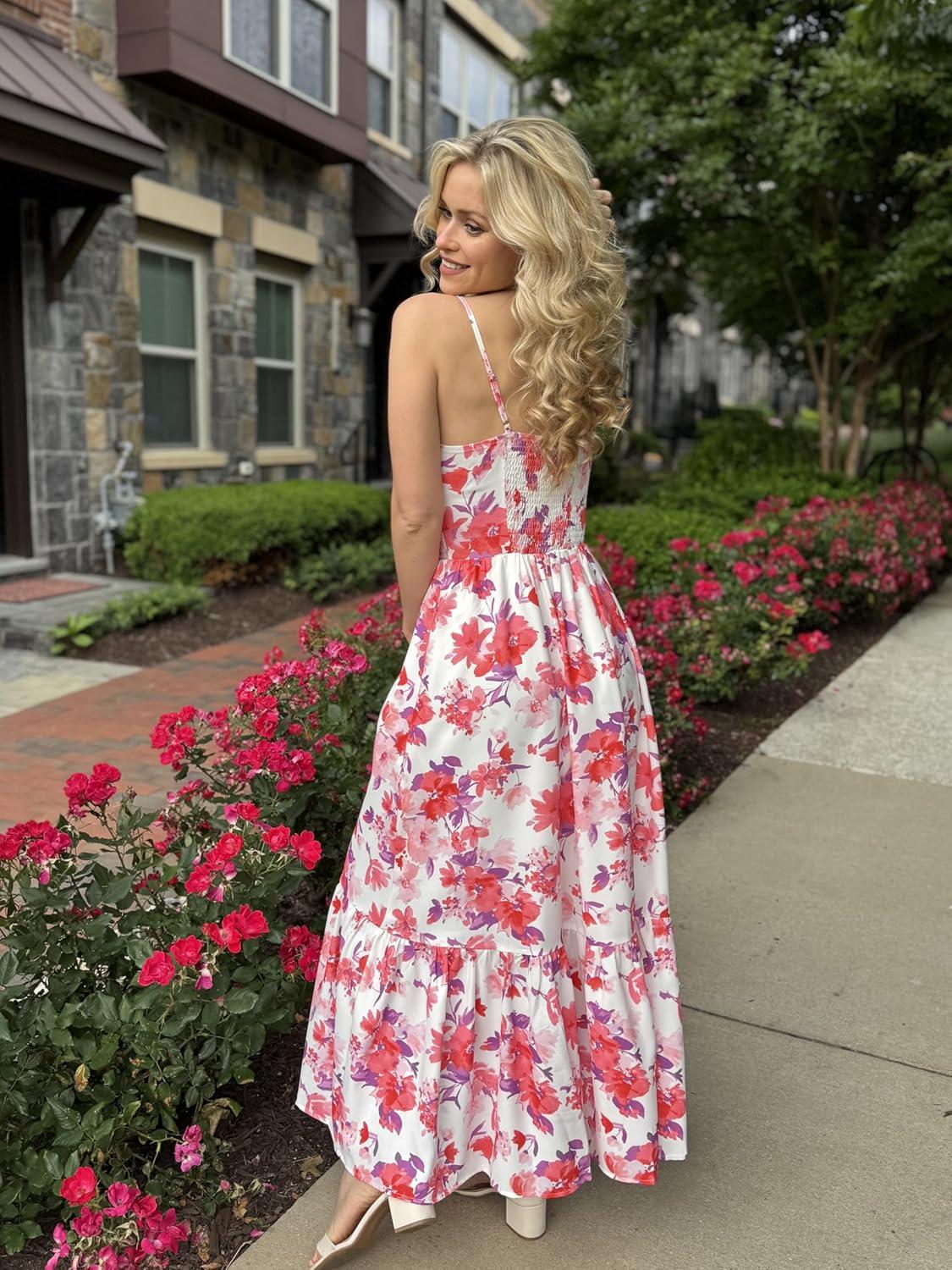 imageGRACE KARIN Womens Summer Floral Maxi Dresses 2026 Long Flowy Boho Dress Beach Vacation Sundresses Casual Clothes with PocketWhite Red Floral
