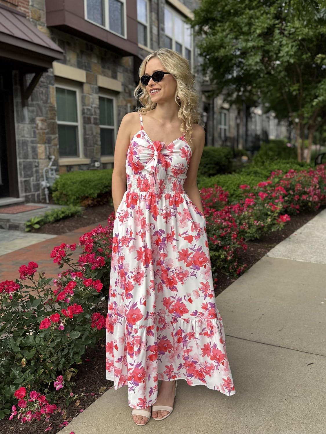 imageGRACE KARIN Womens Summer Floral Maxi Dresses 2026 Long Flowy Boho Dress Beach Vacation Sundresses Casual Clothes with PocketWhite Red Floral