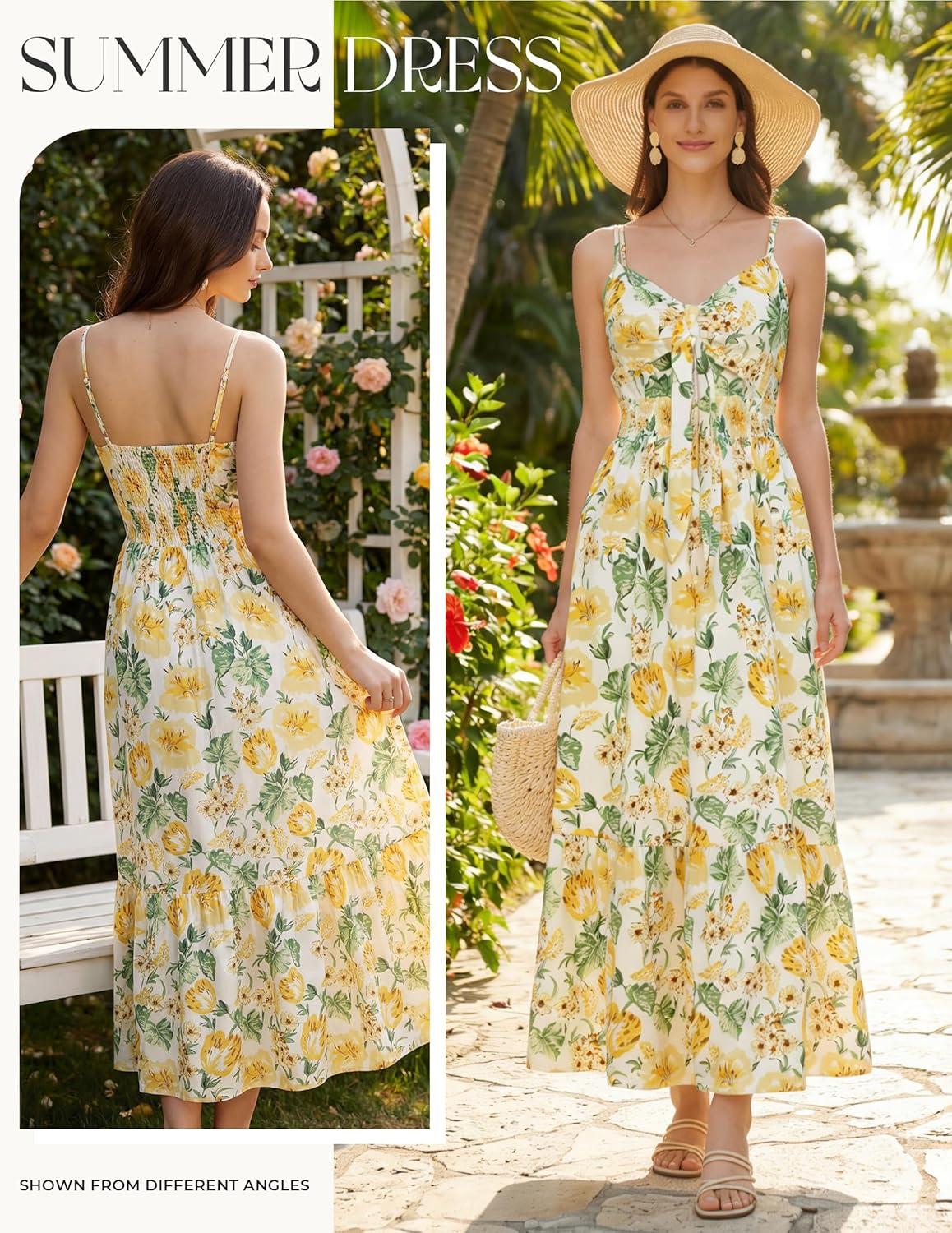 imageGRACE KARIN Womens Summer Floral Maxi Dresses 2026 Long Flowy Boho Dress Beach Vacation Sundresses Casual Clothes with PocketWhite Yellow Flowers