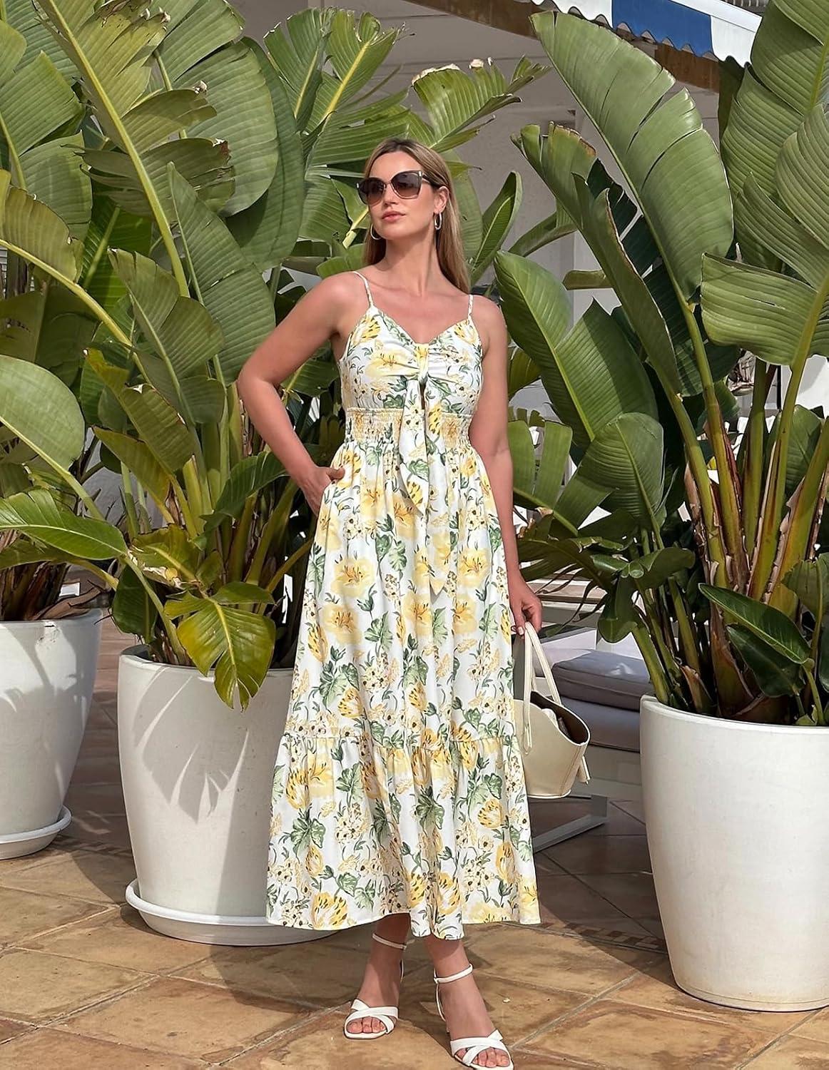 imageGRACE KARIN Womens Summer Floral Maxi Dresses 2026 Long Flowy Boho Dress Beach Vacation Sundresses Casual Clothes with PocketWhite Yellow Flowers
