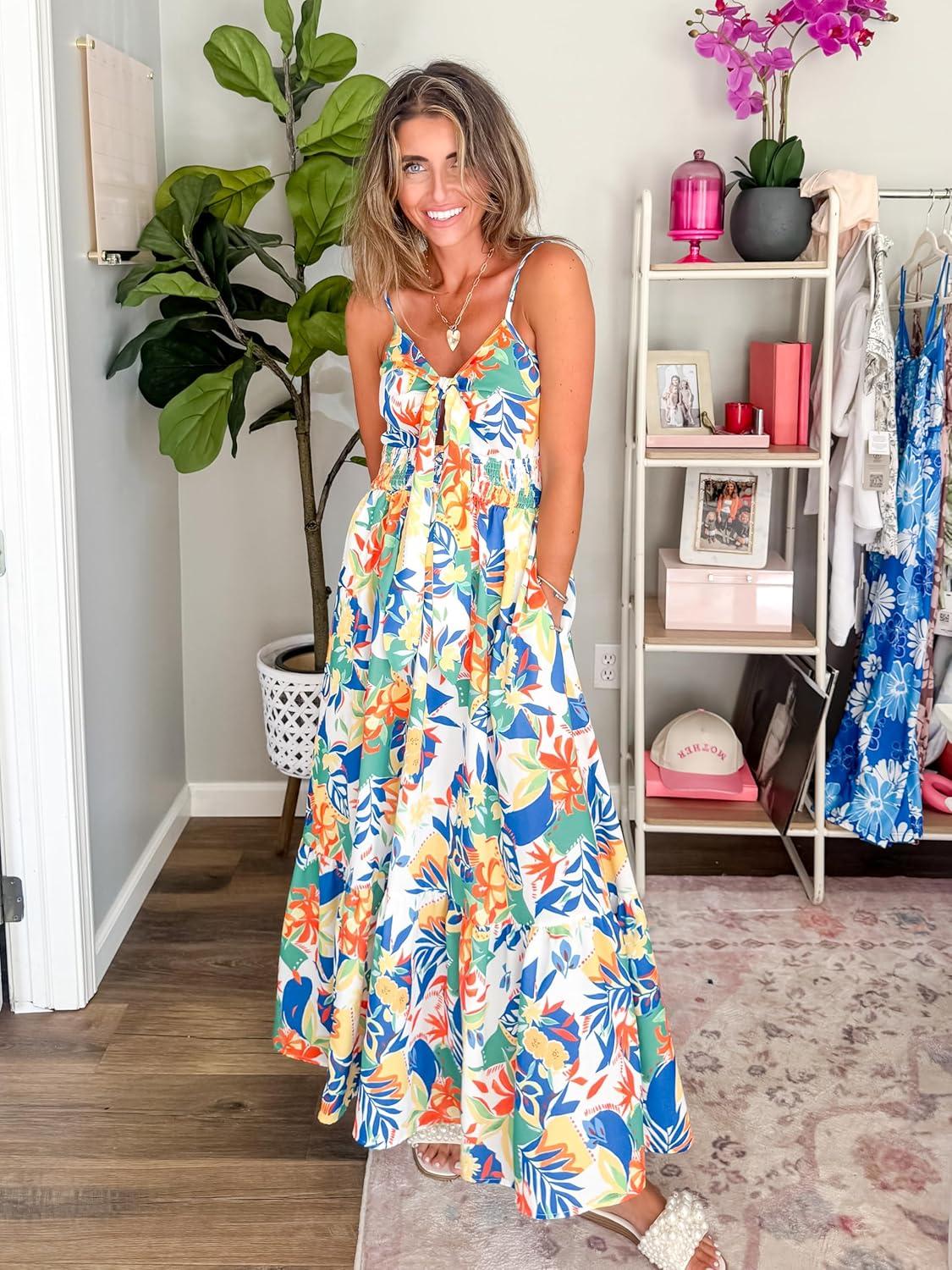 imageGRACE KARIN Womens Summer Floral Maxi Dresses 2026 Long Flowy Boho Dress Beach Vacation Sundresses Casual Clothes with PocketYellow Green Blue Floral