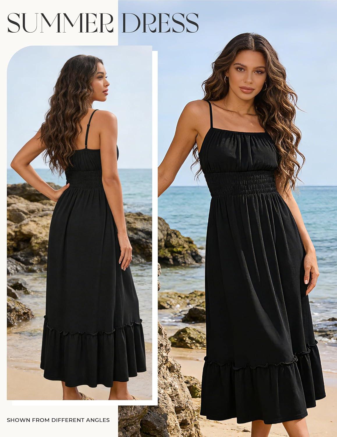 imageGRACE KARIN Womens Summer Maxi Dress 2026Smocked Ruched Bust Sundress with Adjustable Straps amp PocketsBeach Vacation DressBlack