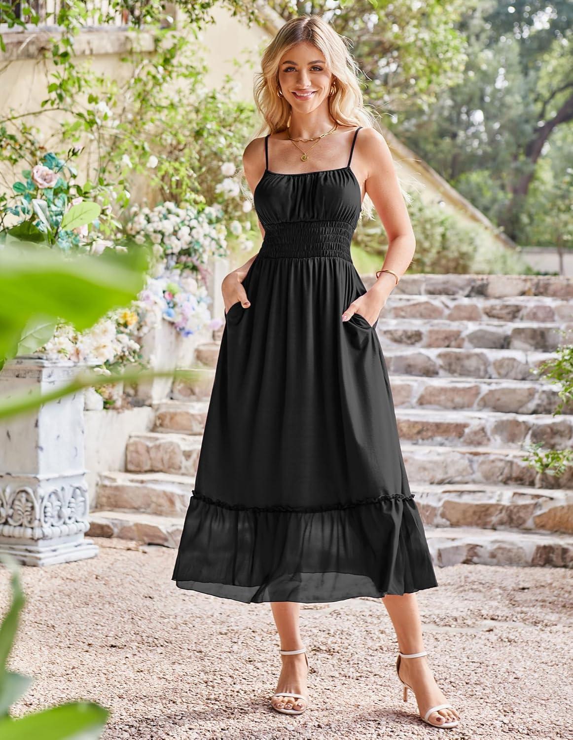 imageGRACE KARIN Womens Summer Maxi Dress 2026Smocked Ruched Bust Sundress with Adjustable Straps amp PocketsBeach Vacation DressBlack