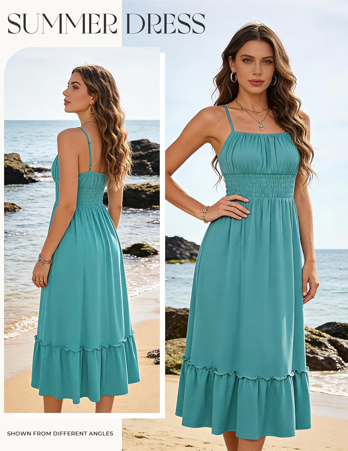 imageGRACE KARIN Womens Summer Maxi Dress 2026Smocked Ruched Bust Sundress with Adjustable Straps amp PocketsBeach Vacation DressBlue Green