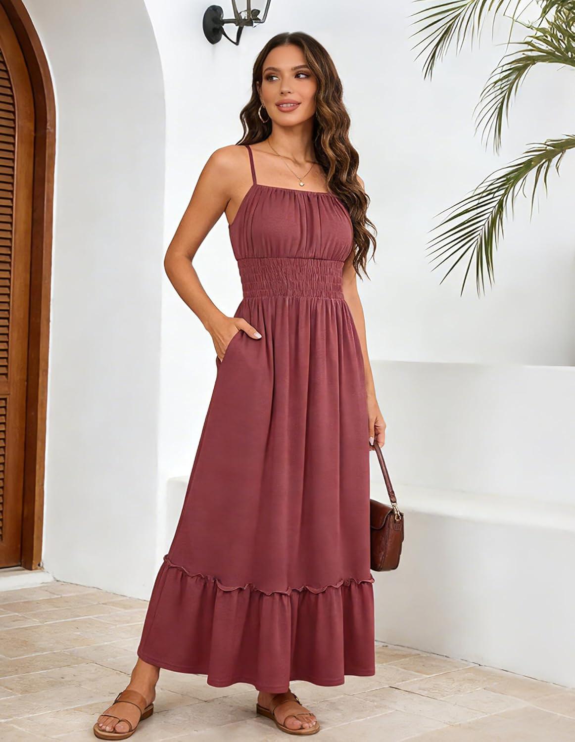 imageGRACE KARIN Womens Summer Maxi Dress 2026Smocked Ruched Bust Sundress with Adjustable Straps amp PocketsBeach Vacation DressBrick Red