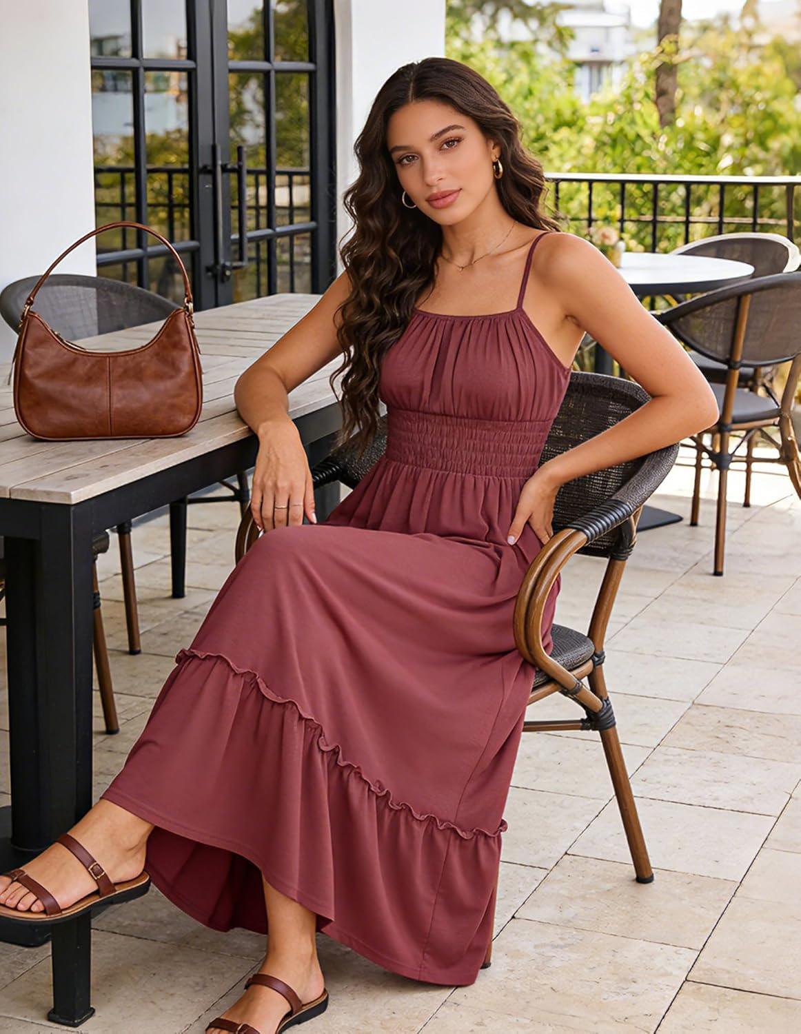 imageGRACE KARIN Womens Summer Maxi Dress 2026Smocked Ruched Bust Sundress with Adjustable Straps amp PocketsBeach Vacation DressBrick Red