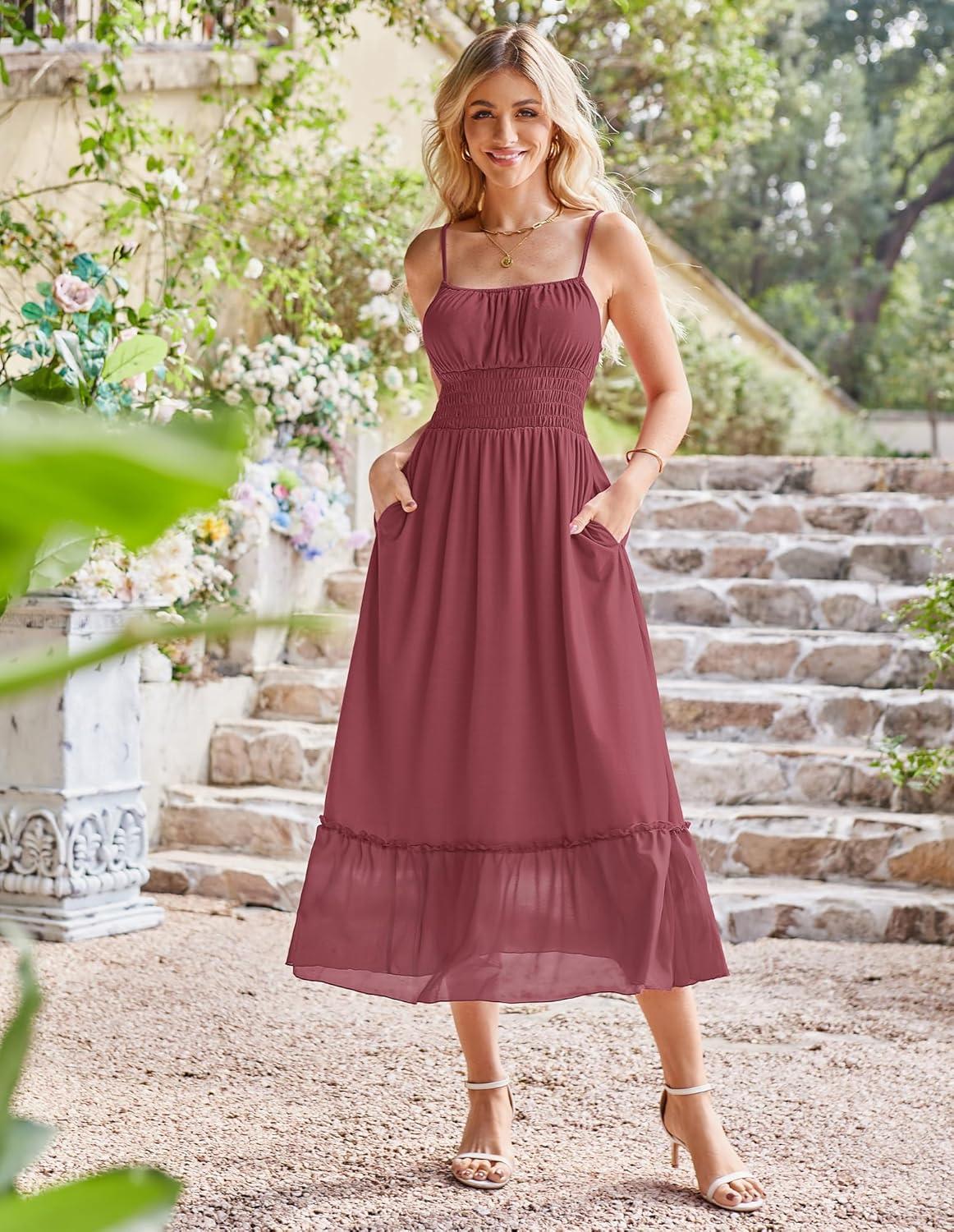 imageGRACE KARIN Womens Summer Maxi Dress 2026Smocked Ruched Bust Sundress with Adjustable Straps amp PocketsBeach Vacation DressBrick Red