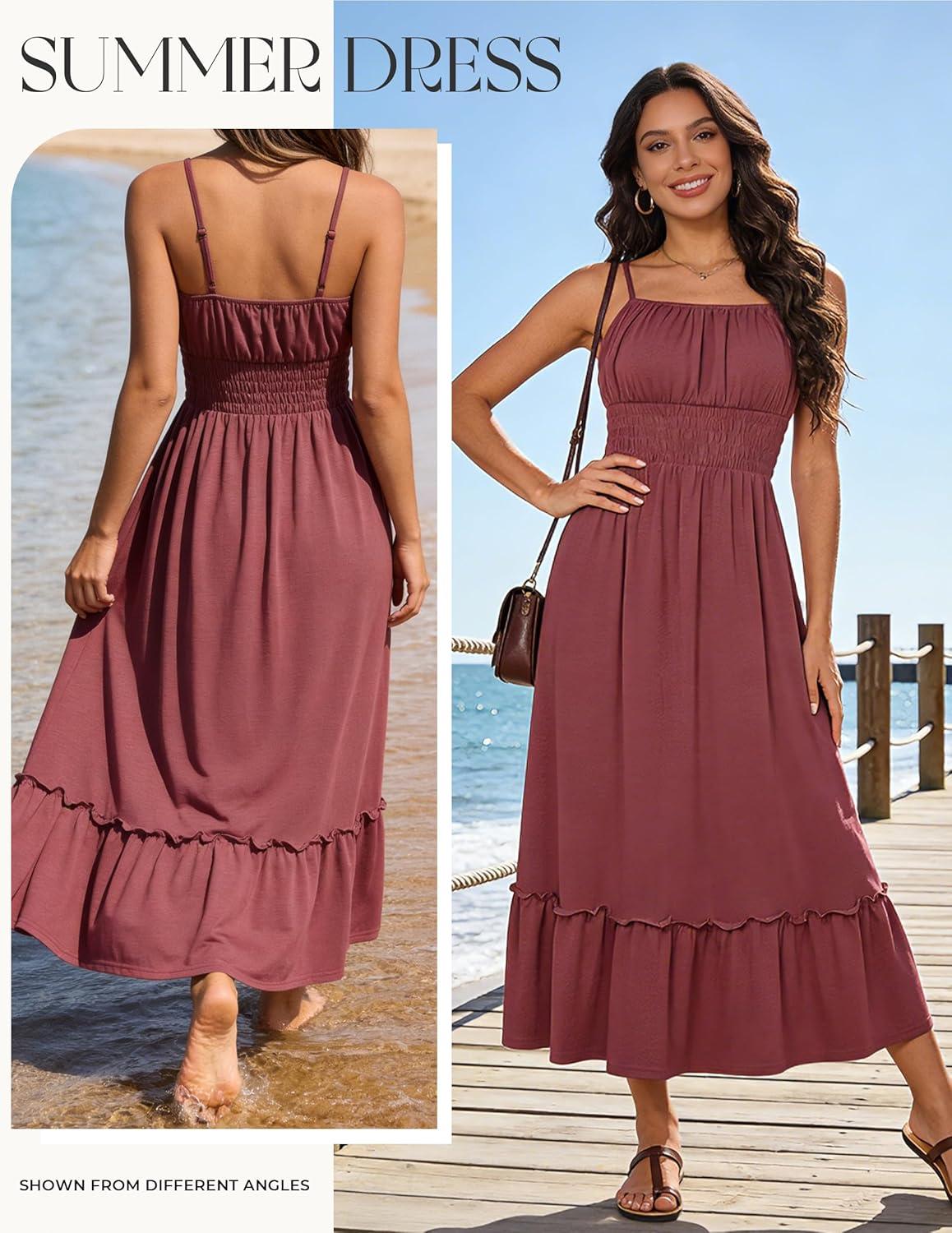 imageGRACE KARIN Womens Summer Maxi Dress 2026Smocked Ruched Bust Sundress with Adjustable Straps amp PocketsBeach Vacation DressBrick Red