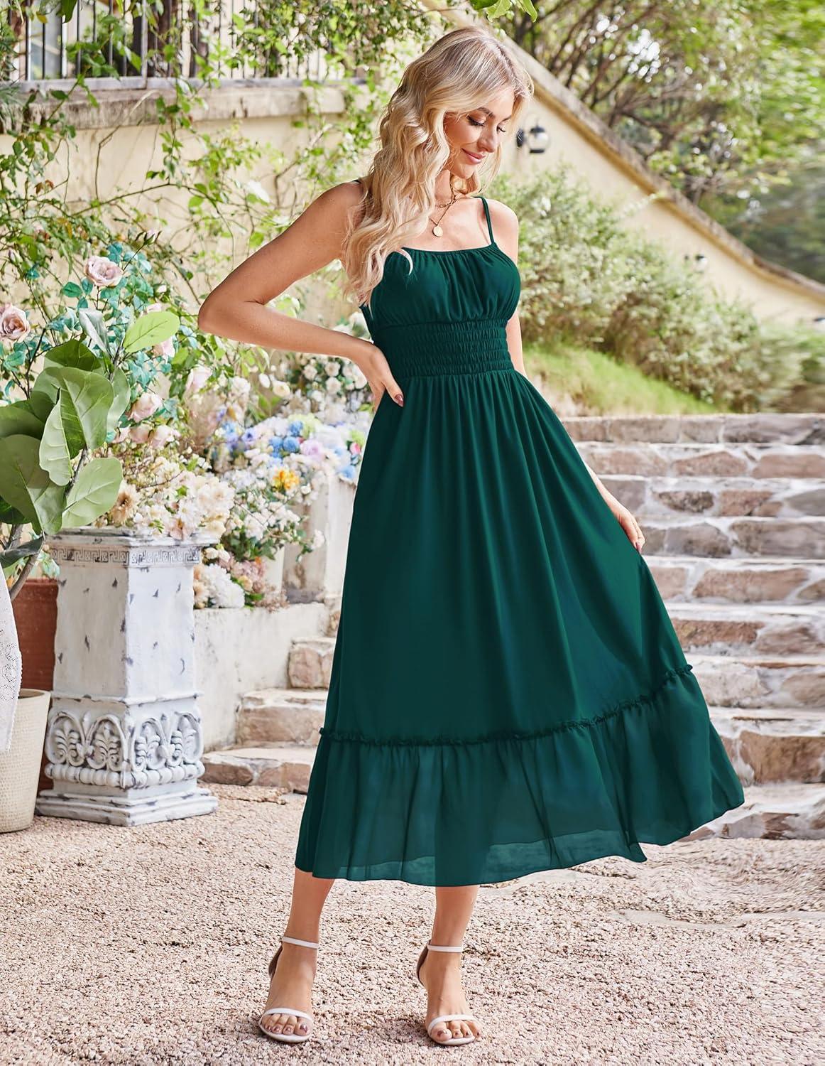 imageGRACE KARIN Womens Summer Maxi Dress 2026Smocked Ruched Bust Sundress with Adjustable Straps amp PocketsBeach Vacation DressGreen