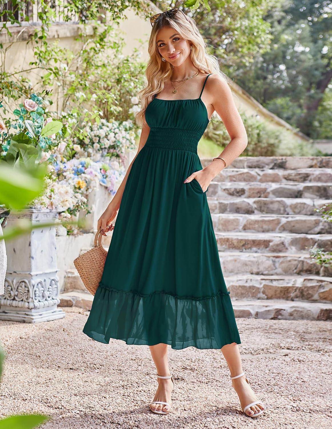 imageGRACE KARIN Womens Summer Maxi Dress 2026Smocked Ruched Bust Sundress with Adjustable Straps amp PocketsBeach Vacation DressGreen