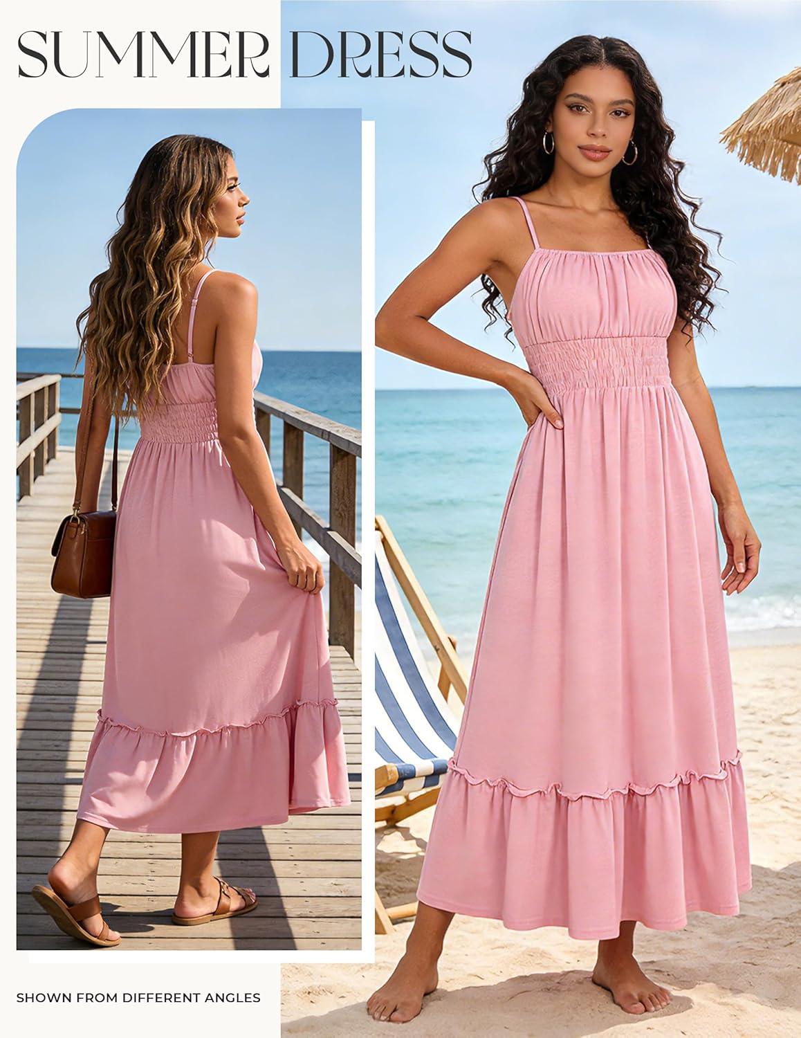 imageGRACE KARIN Womens Summer Maxi Dress 2026Smocked Ruched Bust Sundress with Adjustable Straps amp PocketsBeach Vacation DressLight Pink