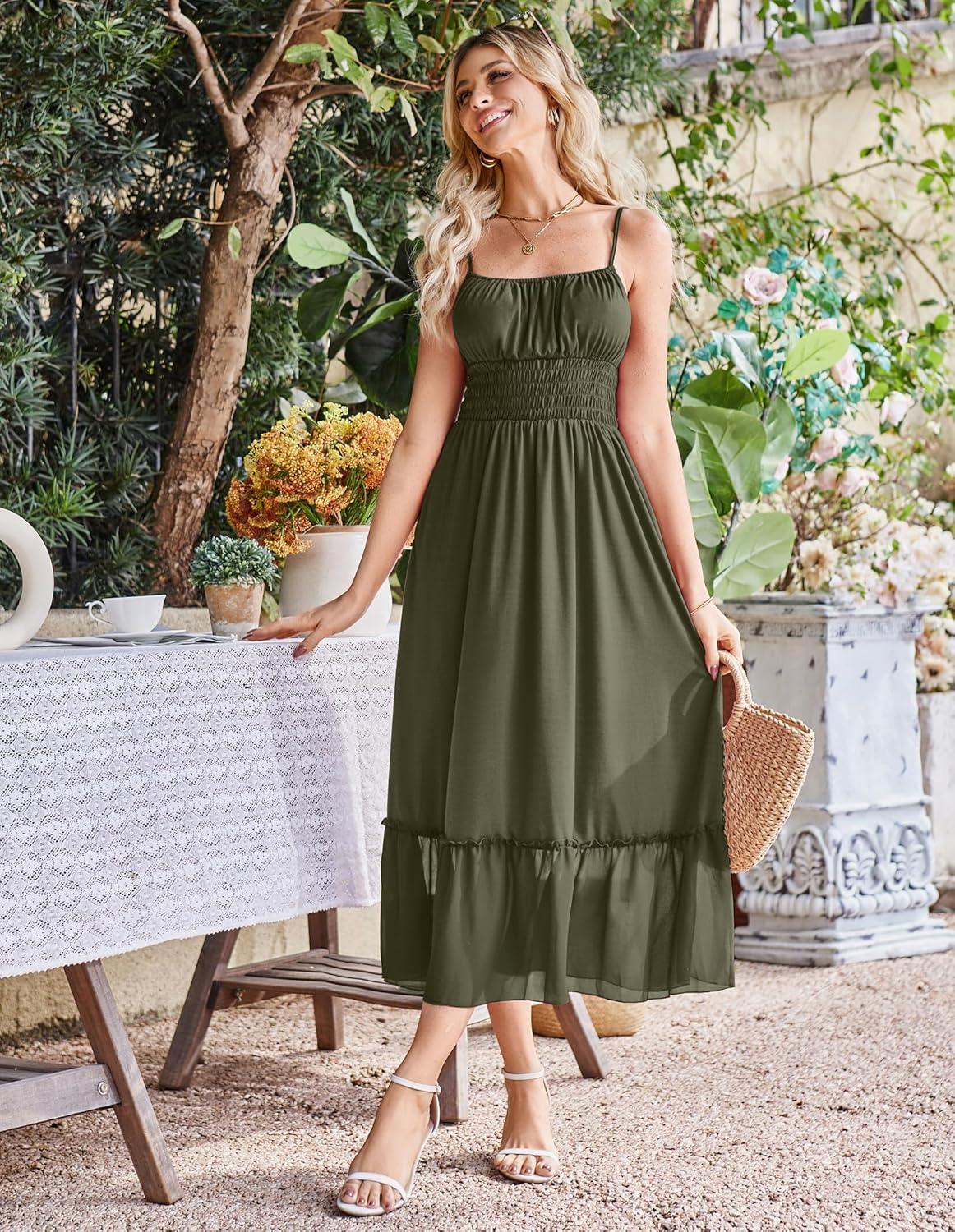 imageGRACE KARIN Womens Summer Maxi Dress 2026Smocked Ruched Bust Sundress with Adjustable Straps amp PocketsBeach Vacation DressOlive Green
